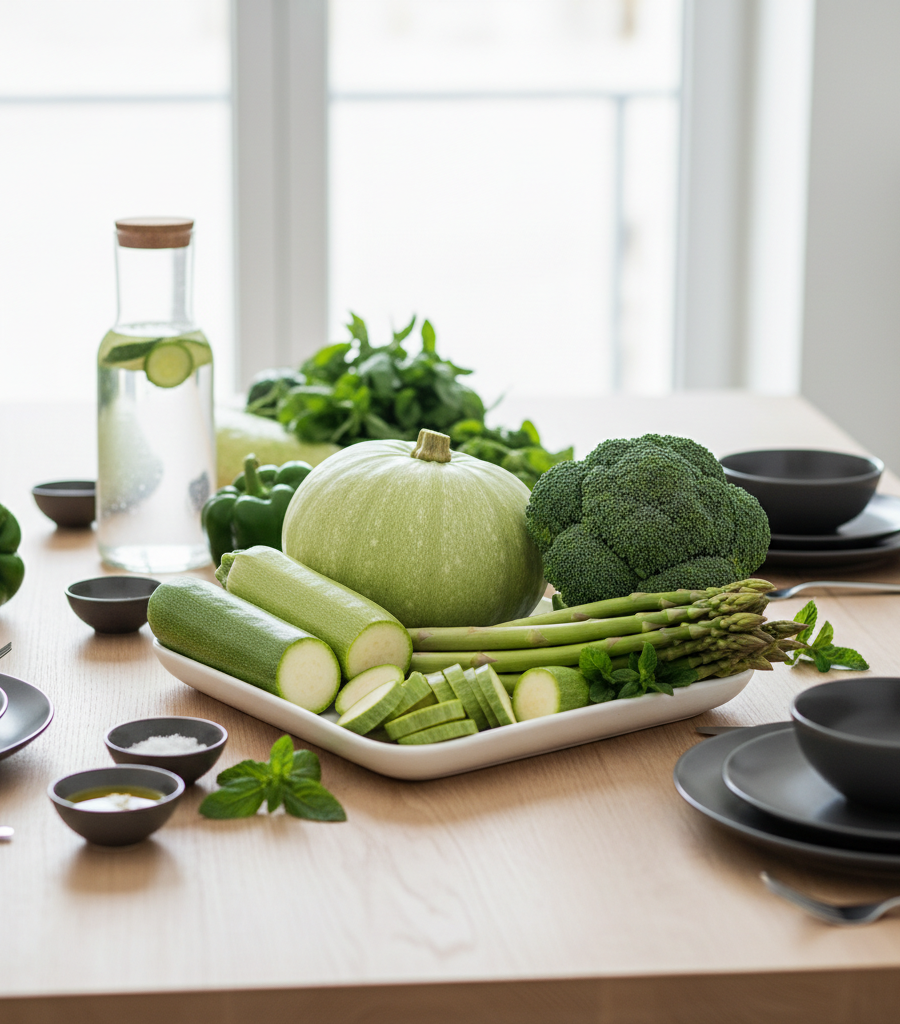 Fresh vegetables and an Ayurvedic diet that helps purify the body for natural psoriasis treatment.