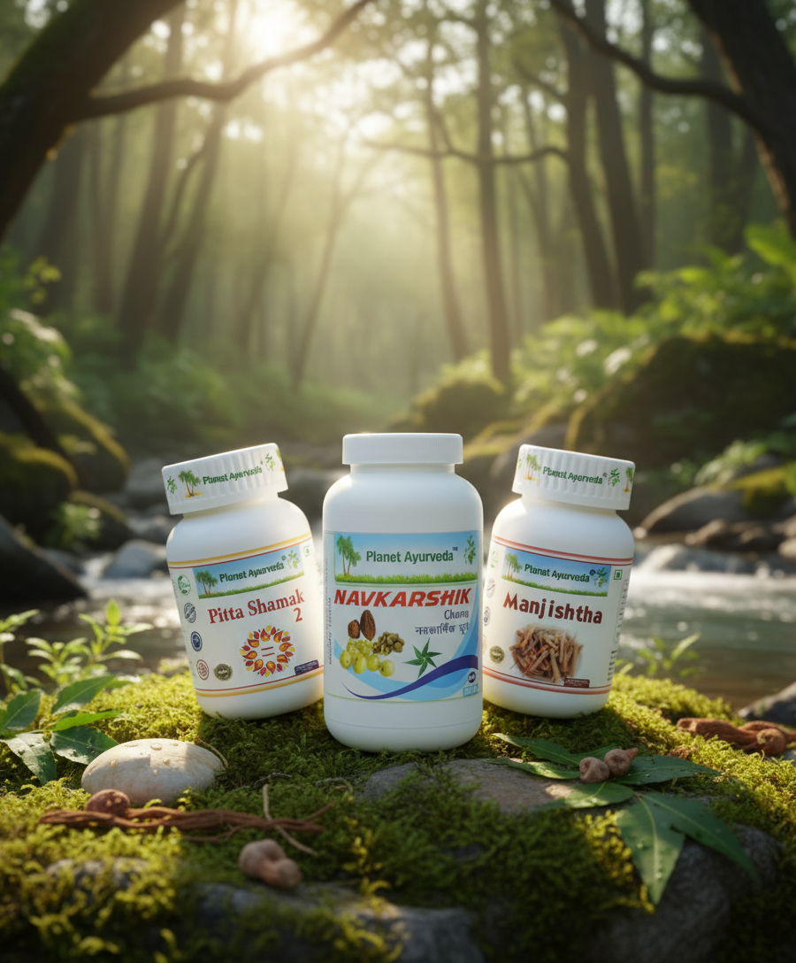 Ayurvedic herbal products Navkarshik, Manjistha, and Pitta Shamak for complete natural psoriasis treatment.