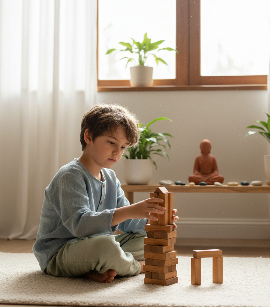 A child practicing focus and cognitive skills through play.