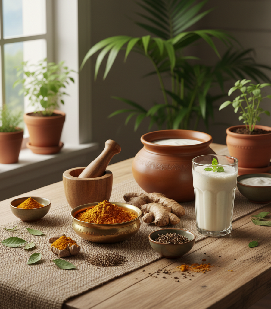 Healthy diet and spices like turmeric and ginger, used in Ayurveda to support digestion.