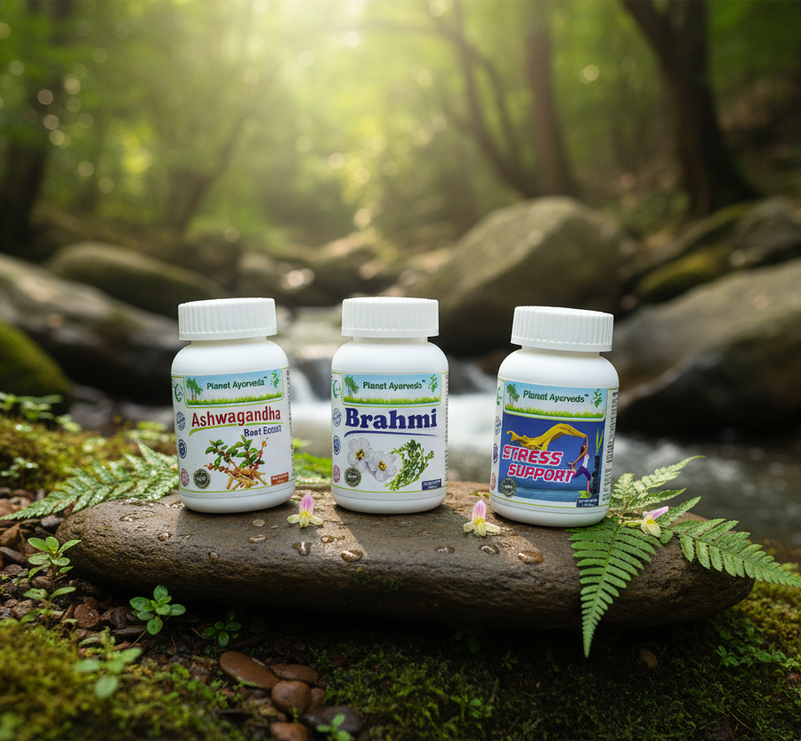 Herbal supplements Ashwagandha and Brahmi, traditionally used to support calm and focus.