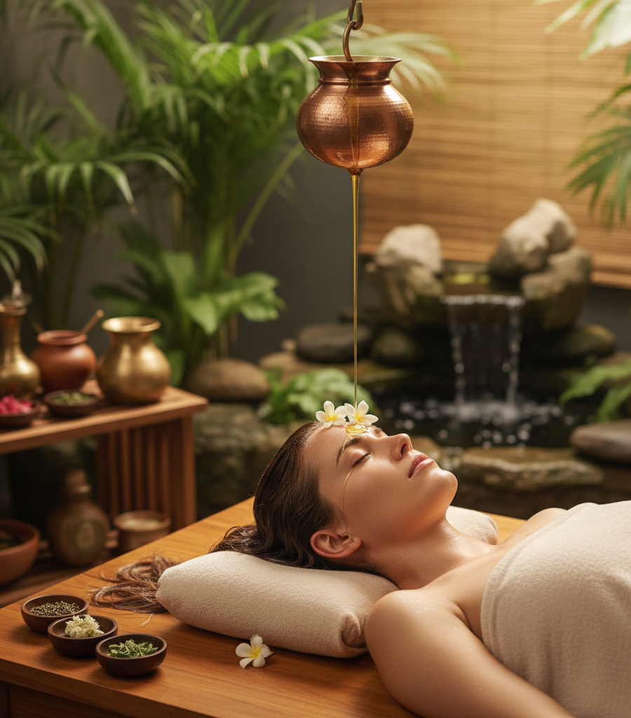 Traditional Shirodhara therapy with warm oil, used to calm the nervous system.