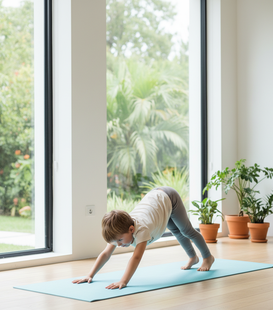 A child practicing yoga poses for grounding and emotional stability.