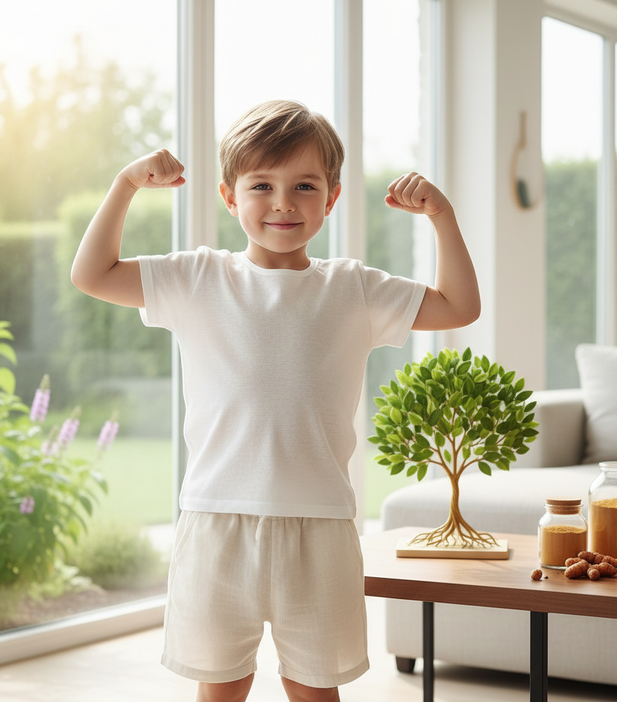 alt="A happy child showing their muscles, symbolizing health, vitality, and natural immunity boosting."