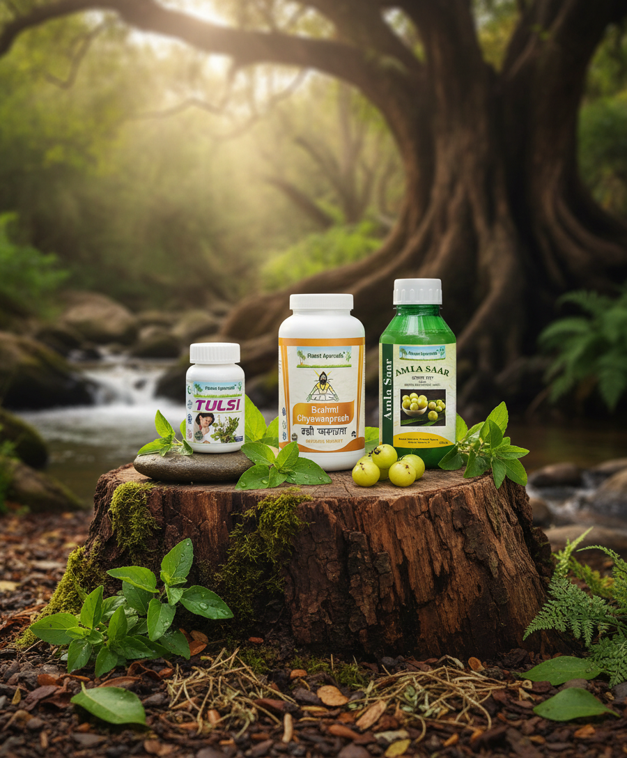 alt="Ayurvedic products Brahmi Chyawanprash, Tulsi, and Amla Saar placed on a tree stump in nature, intended for strengthening immunity."