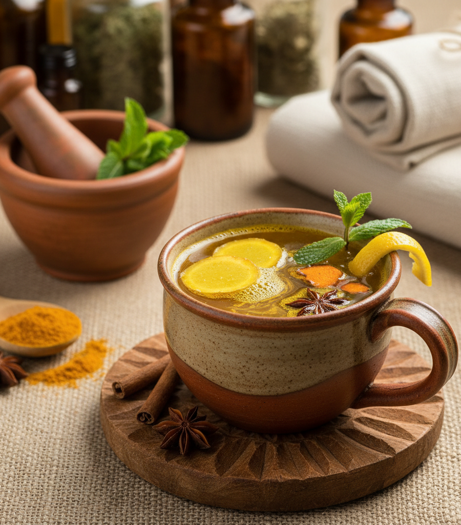 alt="Warm Ayurvedic turmeric and ginger tea with natural spices in a rustic mug, prepared for boosting immunity."