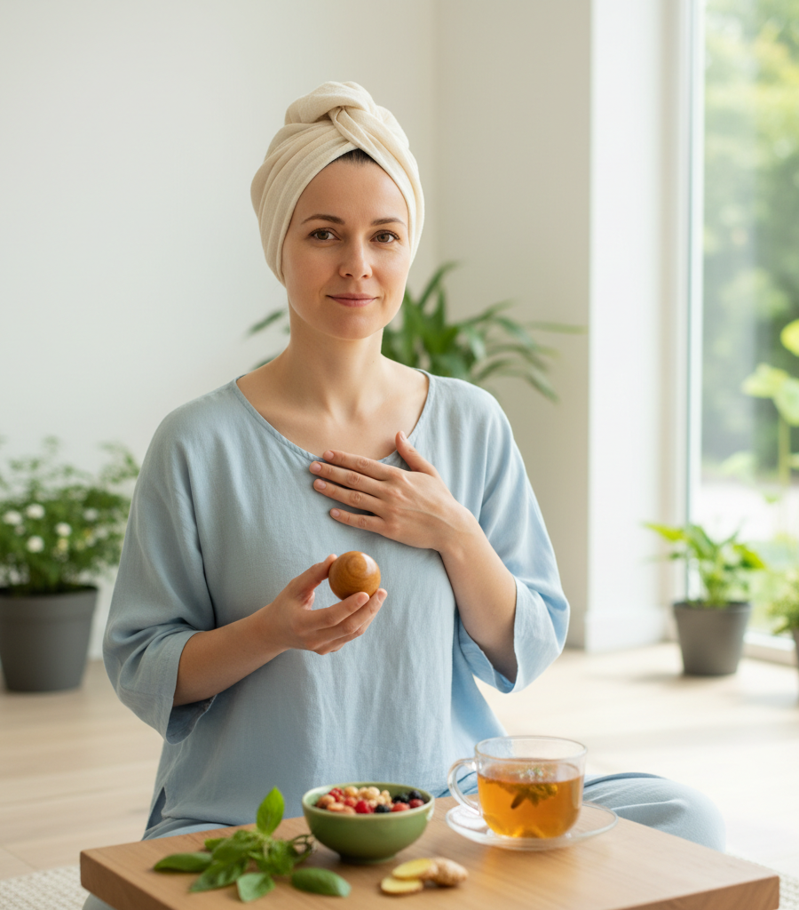 alt="A woman with a towel on her head practices self-care and holistic support for breast cancer, holding a hand to her chest in a peaceful home atmosphere with healthy food and tea."