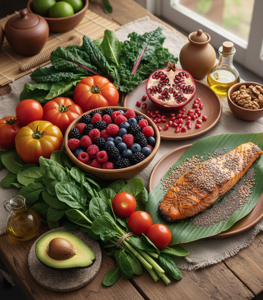 alt="A rich table with a healthy diet recommended for breast cancer support, including baked salmon, spinach, fresh berries, pomegranate, tomatoes, and nuts."