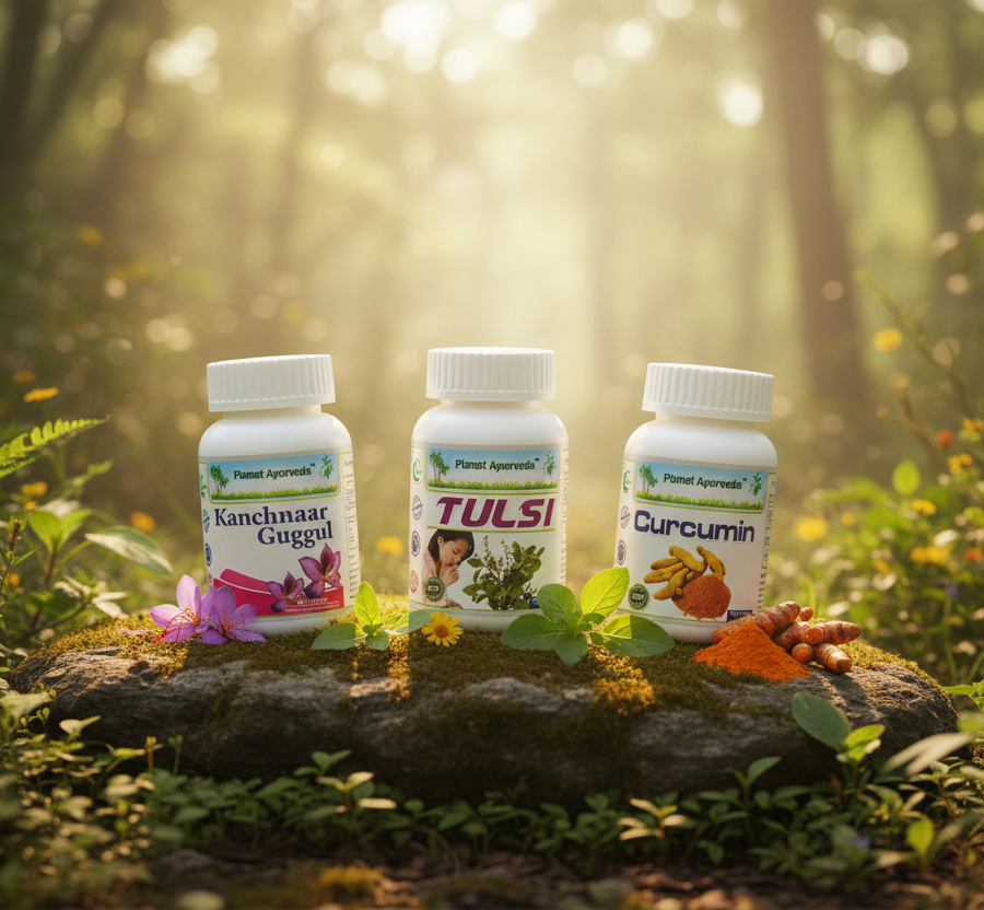 alt="Ayurvedic herbal supplements (Curcumin, Tulsi, and Kanchnaar Guggul) placed on a stone in nature, used for natural support for breast cancer."