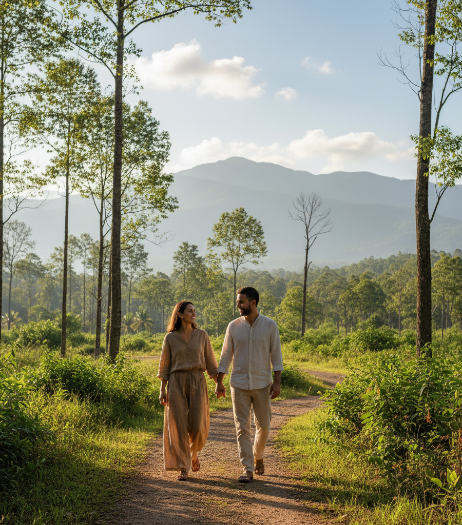 alt="A couple walking hand in hand along a path in nature, illustrating the importance of emotional support and a healthy lifestyle during recovery from breast cancer."