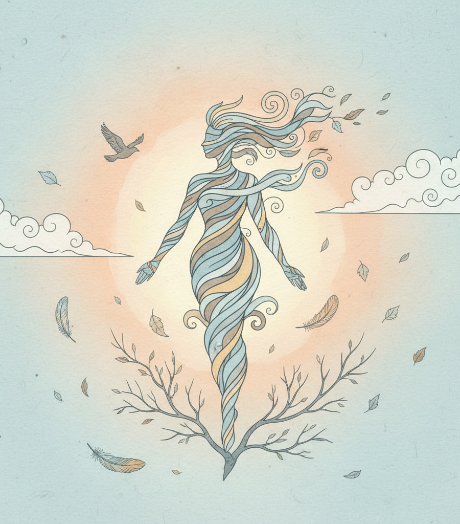 Artistic illustration of the elements air and space representing the nature of the Ayurvedic diet for Vata Dosha.