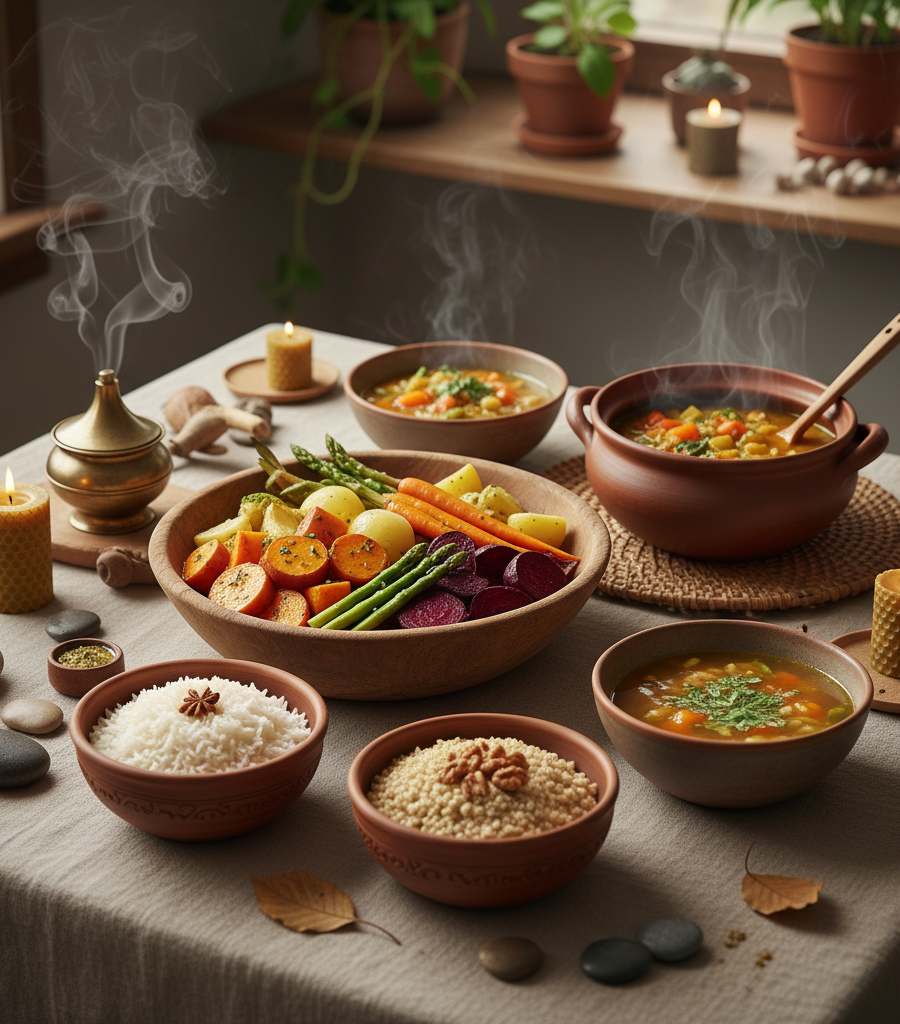 A variety of warm soups and cooked root vegetables as the basis of any Ayurvedic diet for Vata Dosha.