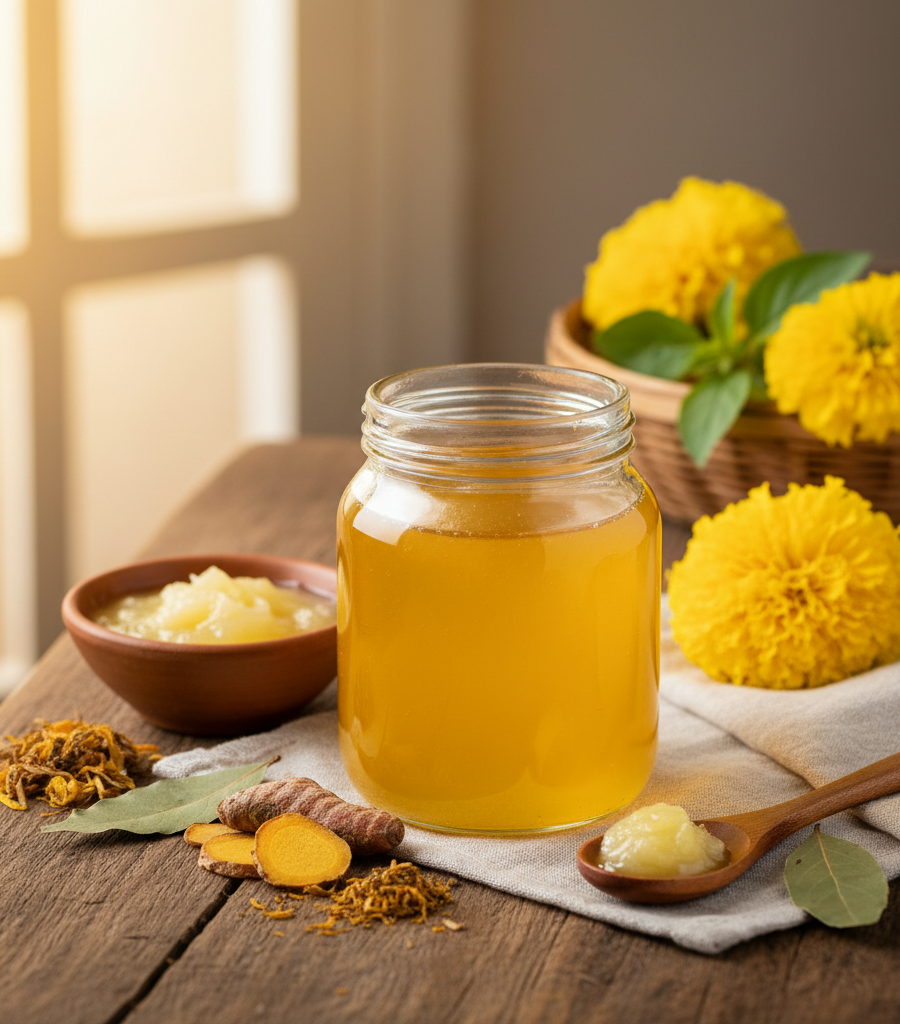 Golden Ghee (clarified butter) and fresh turmeric as key fats in a proper Ayurvedic diet for Vata Dosha.