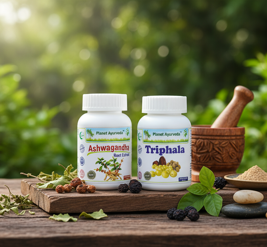 Natural supplements Ashwagandha and Triphala to support your Ayurvedic diet for Vata Dosha.