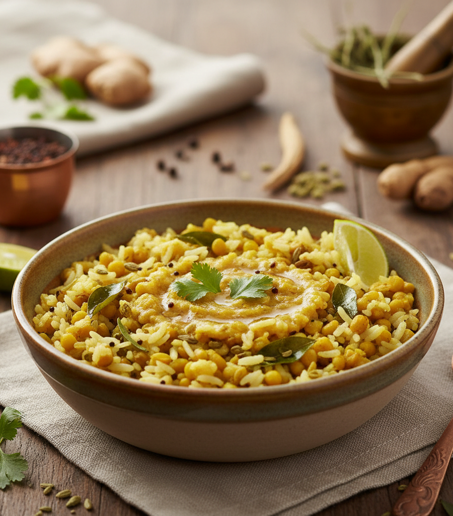 A warm bowl of Kitchari made of rice and lentils, a perfect balanced meal for an Ayurvedic diet for Vata Dosha.