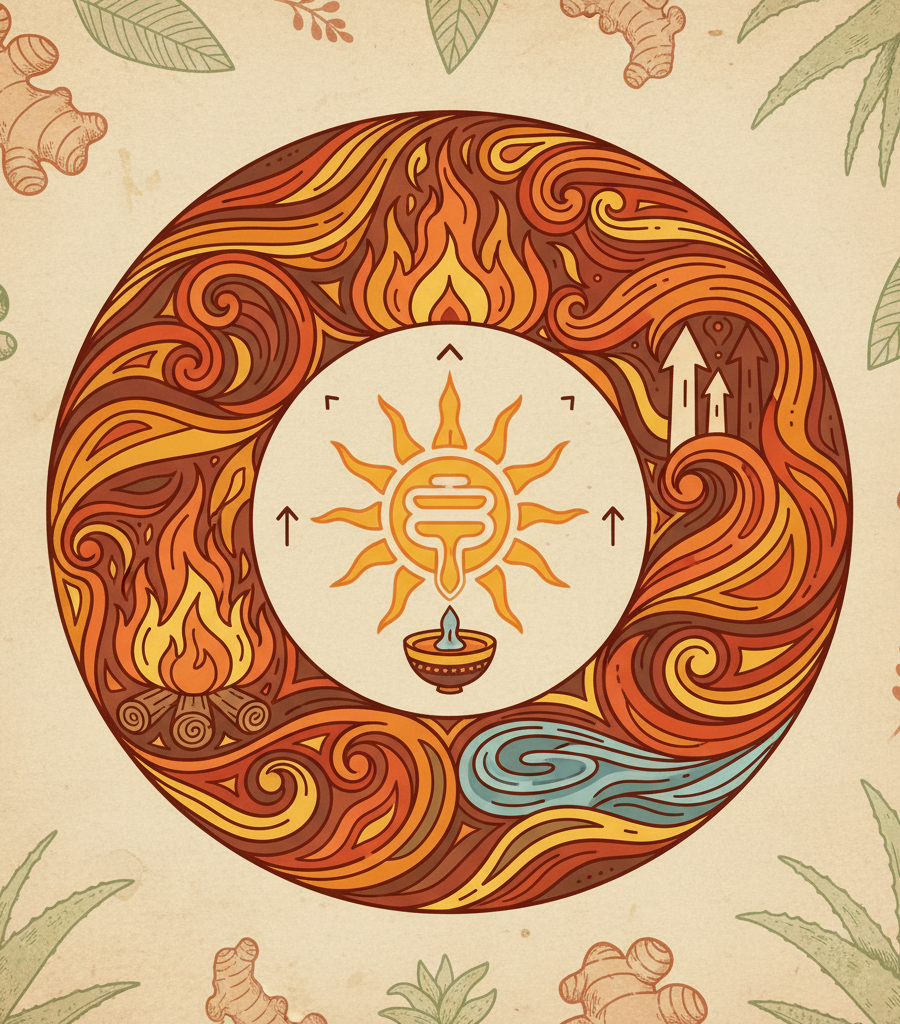 Artistic mandala with fire and water elements symbolizing inner balance when applying an Ayurvedic diet for Pitta dosha.