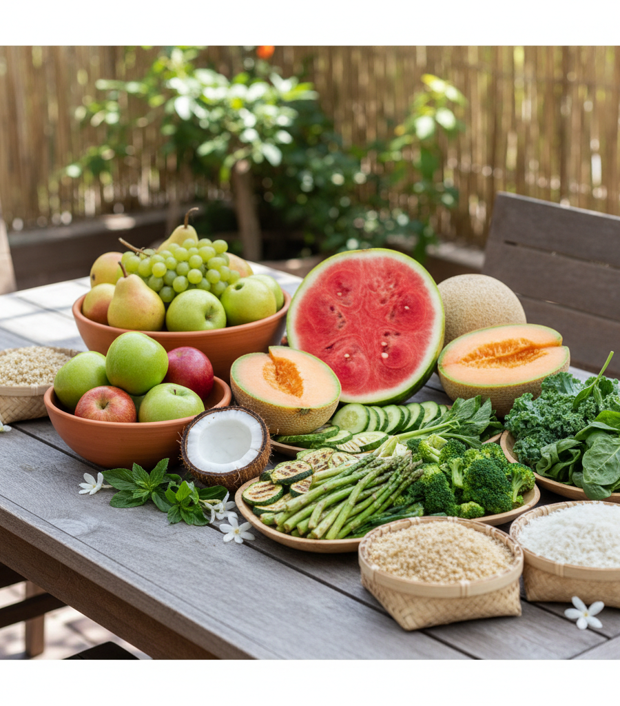 A rich selection of fresh fruits, vegetables, and grains that are the basis of every Ayurvedic diet for Pitta dosha to cool the body.