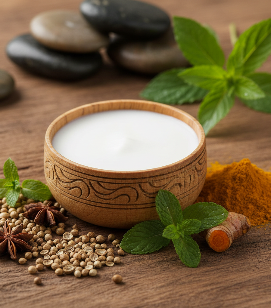 A bowl of yogurt surrounded by mint, turmeric, and coriander, key ingredients for preparing recipes in an Ayurvedic diet for Pitta dosha.