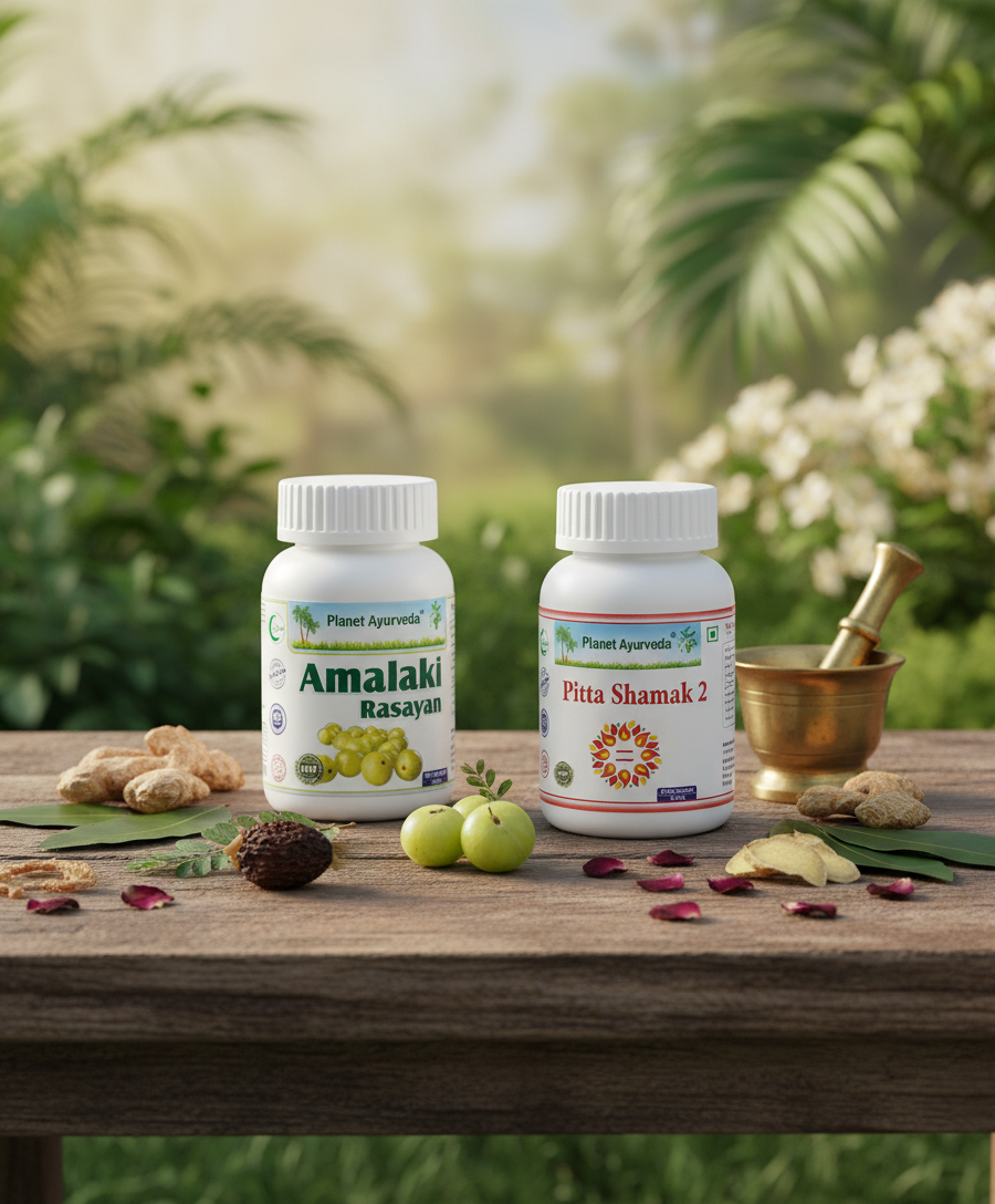 Amalaki Rasayan and Pitta Shamak 2 supplements intended for support and balance of the Ayurvedic diet for Pitta dosha.