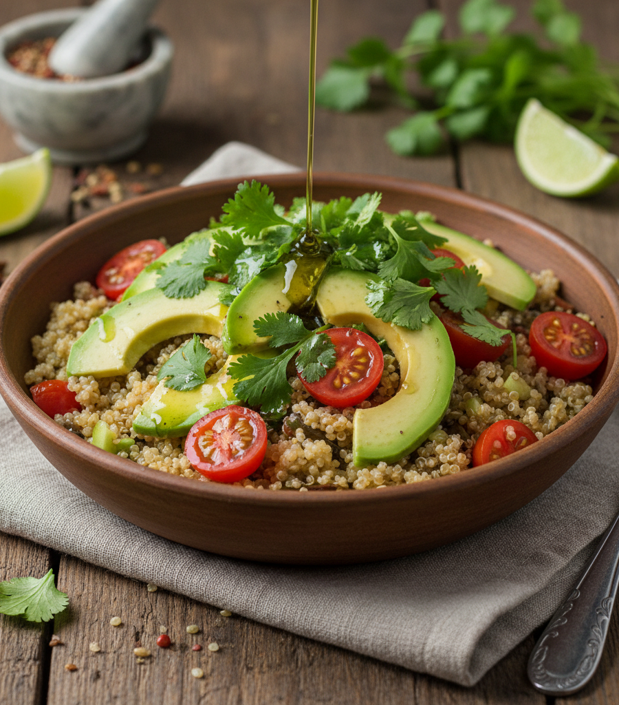 Healthy quinoa salad with avocado, cherry tomatoes, and fresh coriander, an ideal meal for an Ayurvedic diet for Pitta dosha.