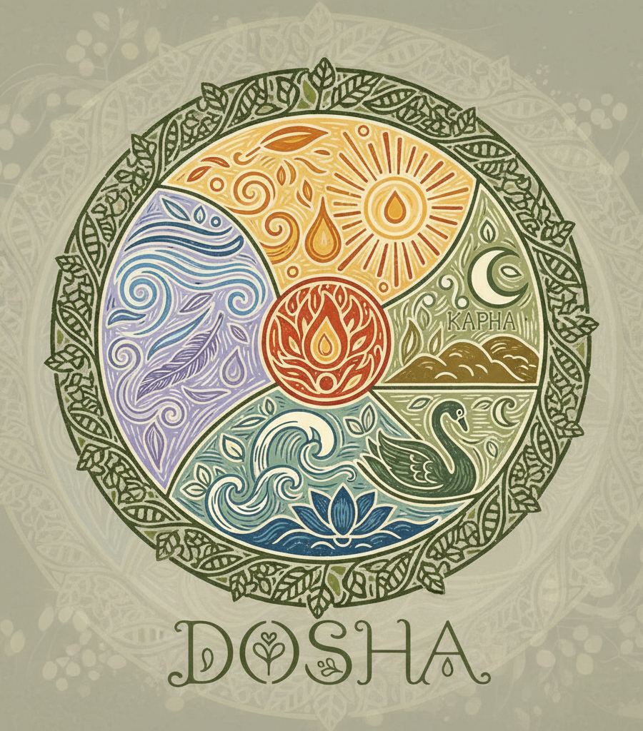Artistic illustration of the three doshas with an emphasis on a balanced Ayurvedic diet for Kapha dosha through natural elements.
