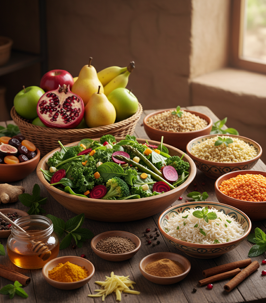 Table with fresh vegetables, legumes, and grains which are key foods in every Ayurvedic diet for Kapha dosha.