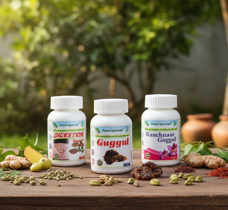 Herbal supplements as support for a proper Ayurvedic diet for Kapha dosha and better metabolism.