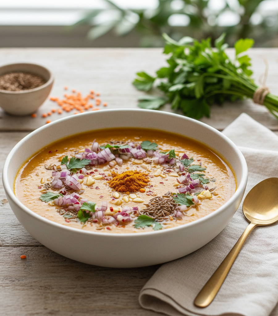 Warm spiced lentil soup, a nutritious and light meal prepared according to the principles of the Ayurvedic diet for Kapha dosha.