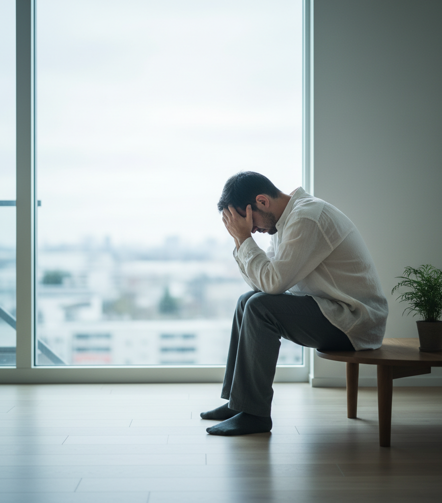 alt="Man with symptoms of despair sitting by a window, illustration of the need for a natural remedy for depression."