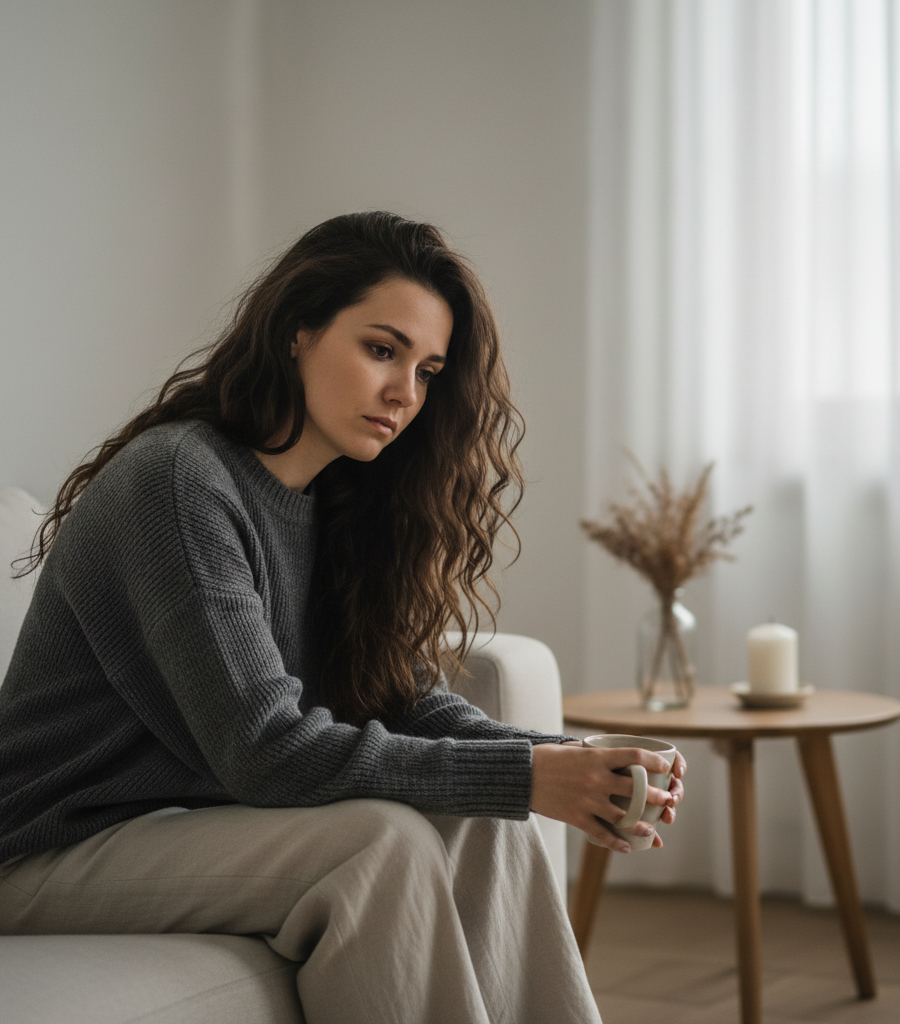 alt="Thoughtful woman with a cup of tea, looking for a solution as a natural remedy for depression to improve mood."