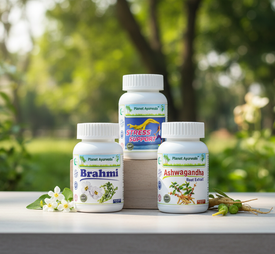 alt="Ayurvedic supplements Ashwagandha, Brahmi, and Stress Support used as an effective natural remedy for depression."