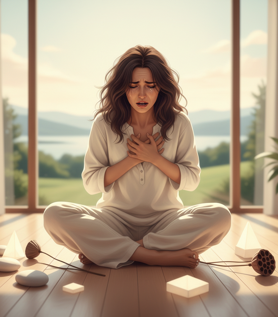 A woman with emotional burden and anxiety who needs a natural remedy for stress to restore peace.