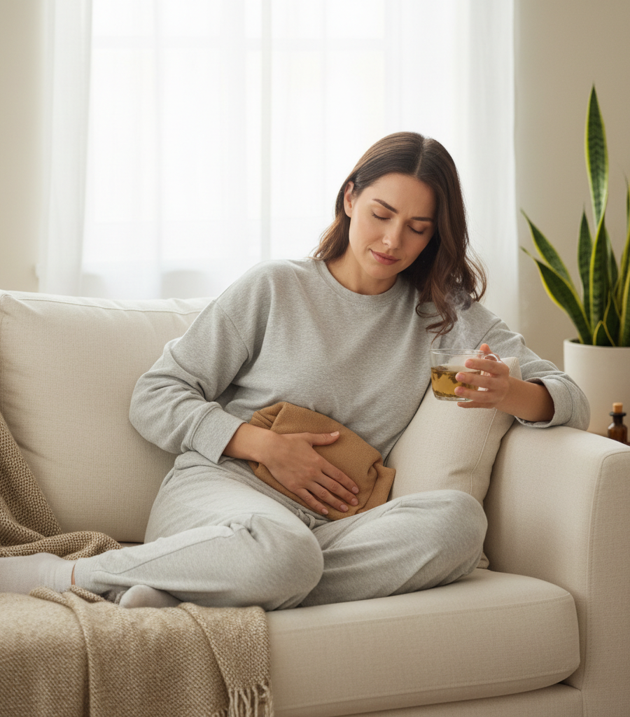 A young woman alleviating physical symptoms and pain with the help of tea and a natural remedy for stress.