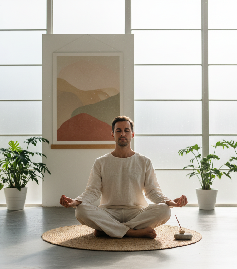 A man practicing deep meditation and yoga as a proven natural remedy for stress and tension.