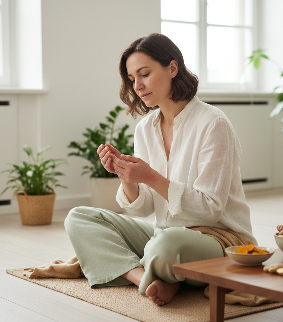 Woman feeling joint pain, looking for a natural remedy for rheumatoid arthritis.