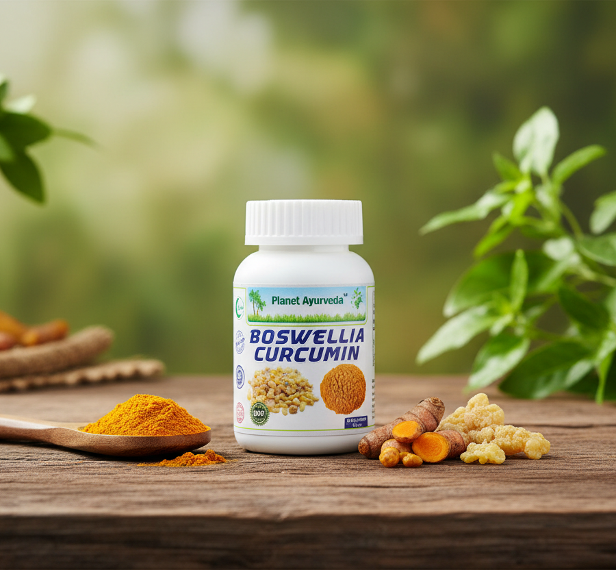 Bottle Boswellia Curcumin supplement, a natural remedy for rheumatoid arthritis, surrounded by turmeric and resin.