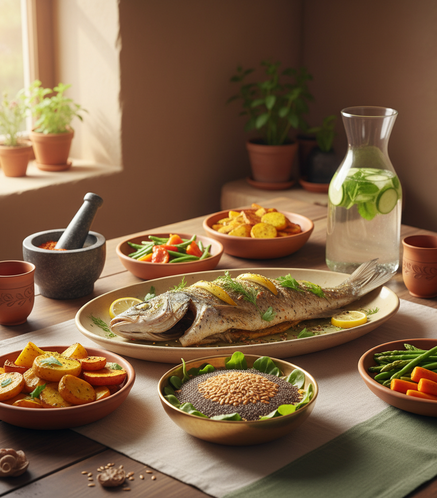 Healthy meal with fish and vegetables, part of an anti-inflammatory diet as a natural remedy for rheumatoid arthritis.