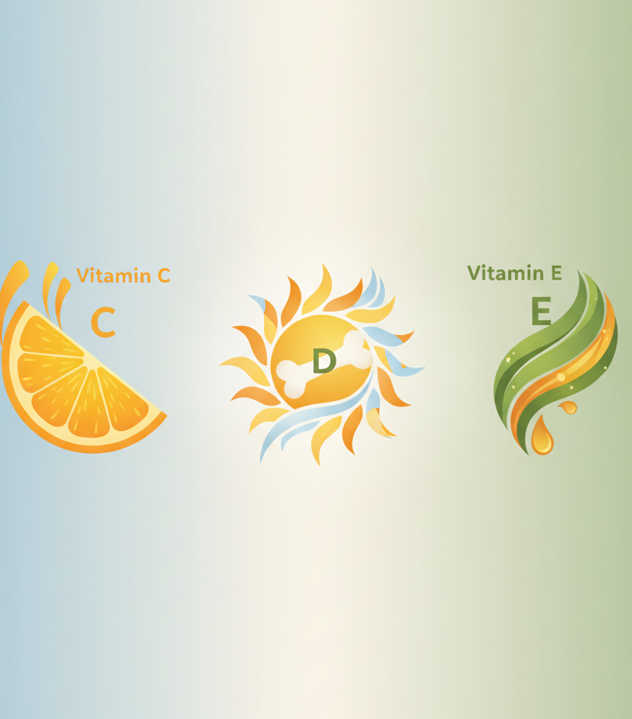 alt="Illustration of key vitamins C, D, and E which are essential for natural immunity improvement."