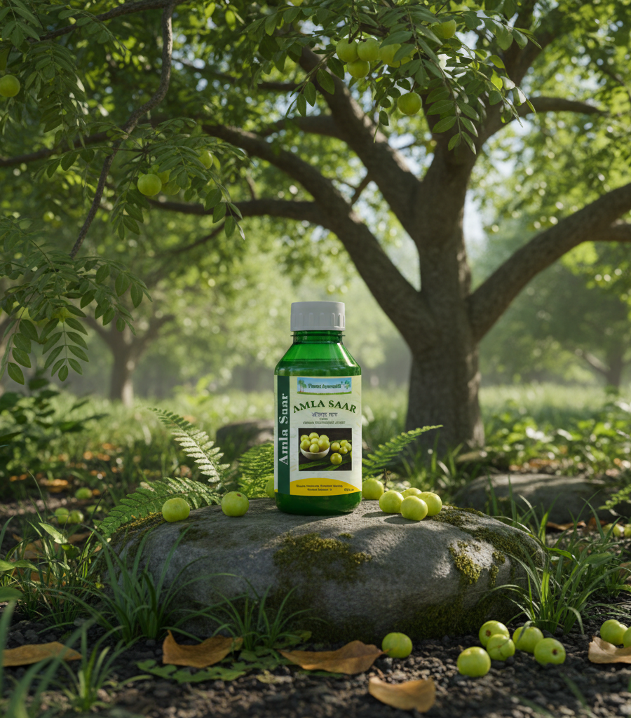 alt="A bottle of natural Amla Saar syrup set in a forest setting with fresh amalaki fruits, intended for improving immunity."