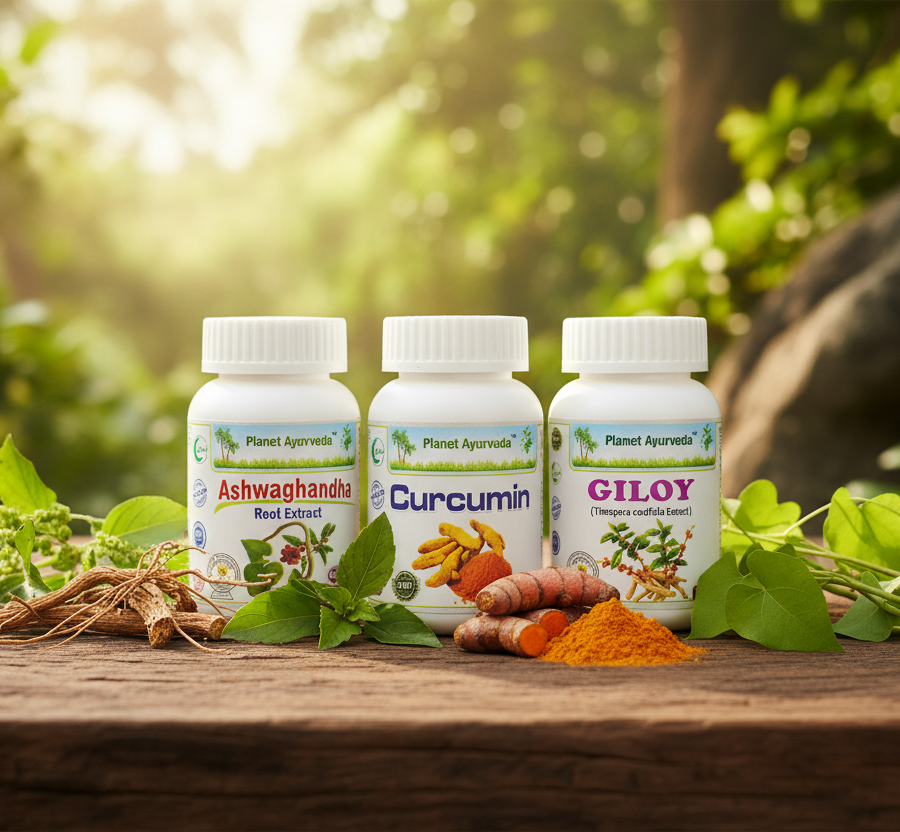 alt="Ayurvedic supplements Ashwagandha, Curcumin, and Giloy on a wooden table with fresh herbs, for powerful immunity improvement."