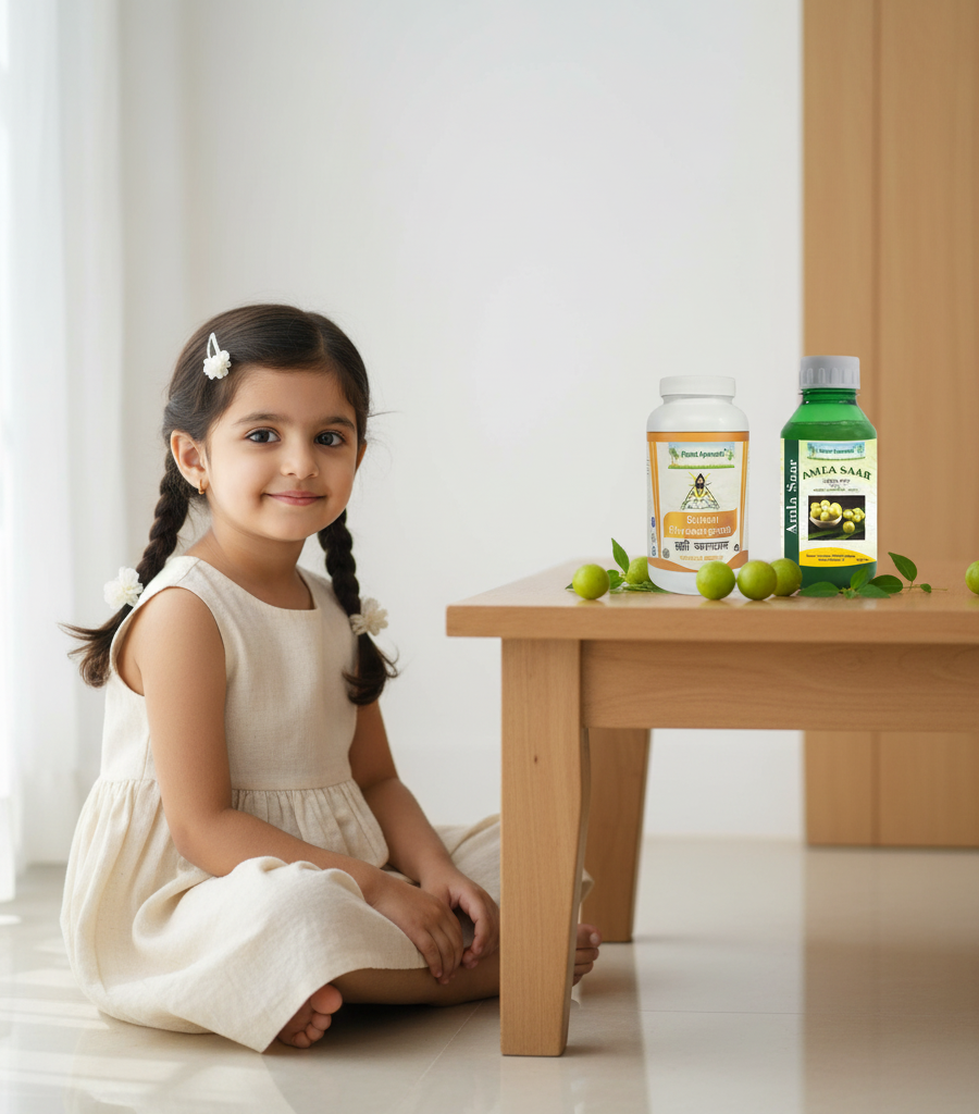 alt="A little girl sitting next to Amla Saar and Brahmi Chyawanprash products, natural solutions for improving immunity in children."