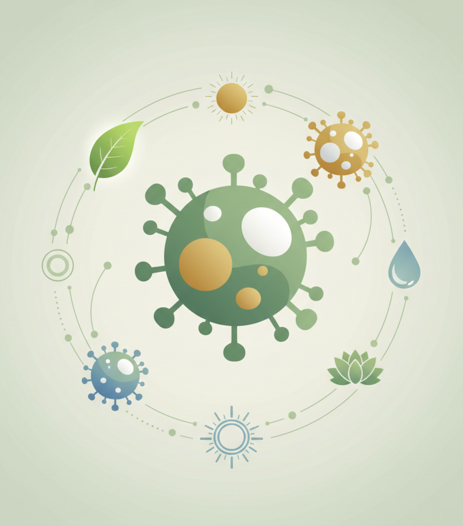 Conceptual illustration showing the relationship between viruses, natural elements, and health in the context of various diseases caused by viruses.