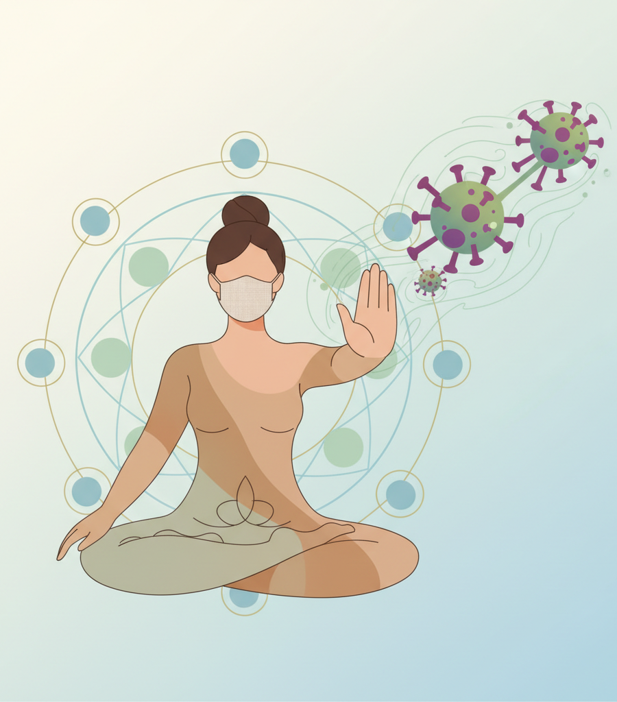 Illustration of a woman meditating with a protective mask, stopping viral particles with her hand, symbolizing prevention and protection from diseases caused by viruses.