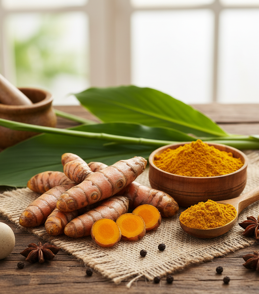 Alt: Fresh root and powder of the spice turmeric as medicine placed on a wooden base.