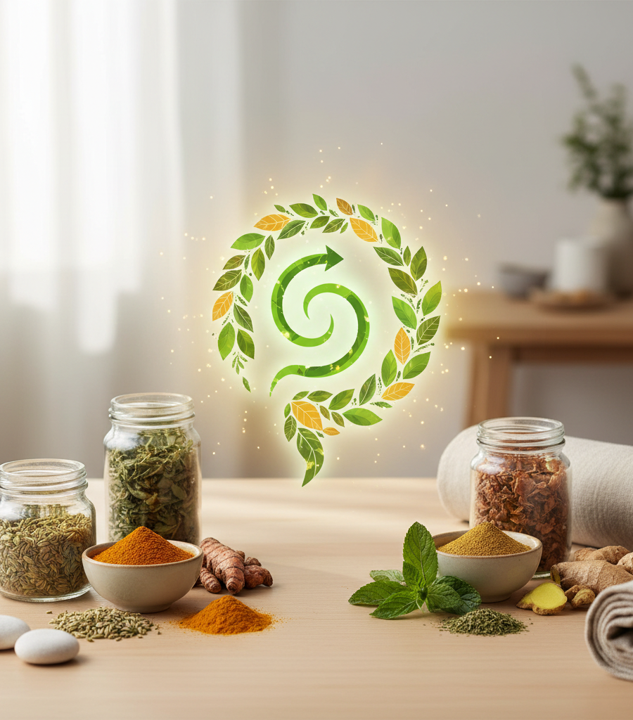 Alt: Ayurvedic herbs and spices highlighting the power of using turmeric as a medicine for detoxification.