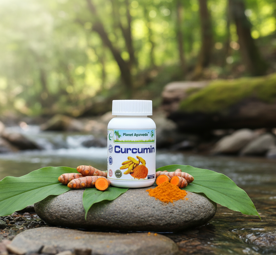 Alt: Natural Curcumin capsules containing concentrated turmeric as a medicine for inflammation.
