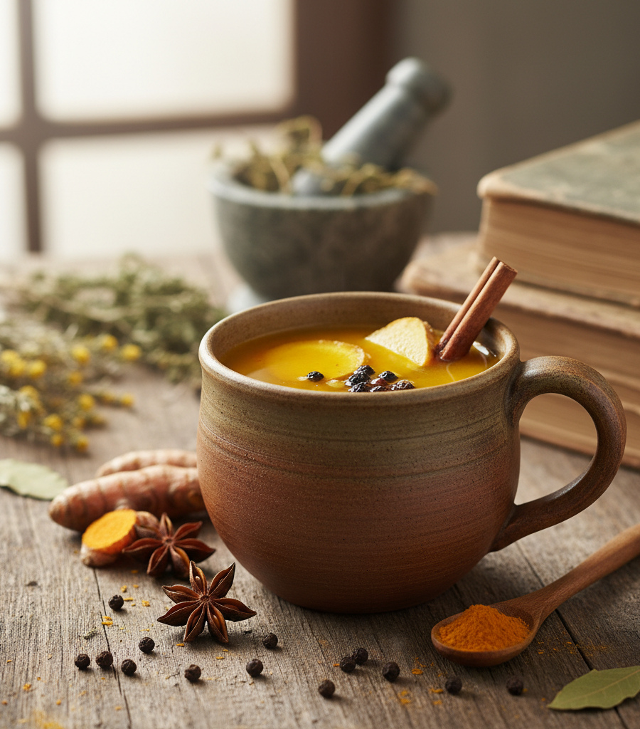 Alt: Warm golden milk tea with pepper and cinnamon prepared with turmeric as an immunity remedy.