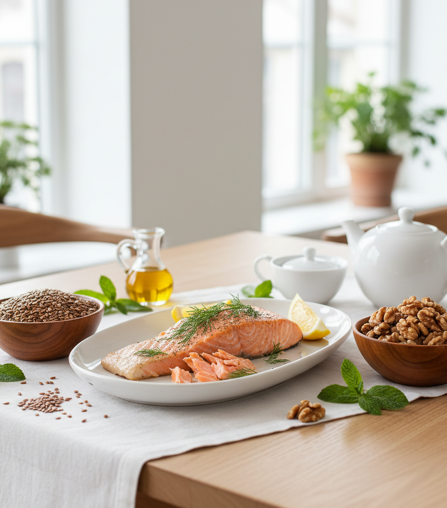 Healthy diet with omega-3 fats, part of an anti-inflammatory eating pattern.
