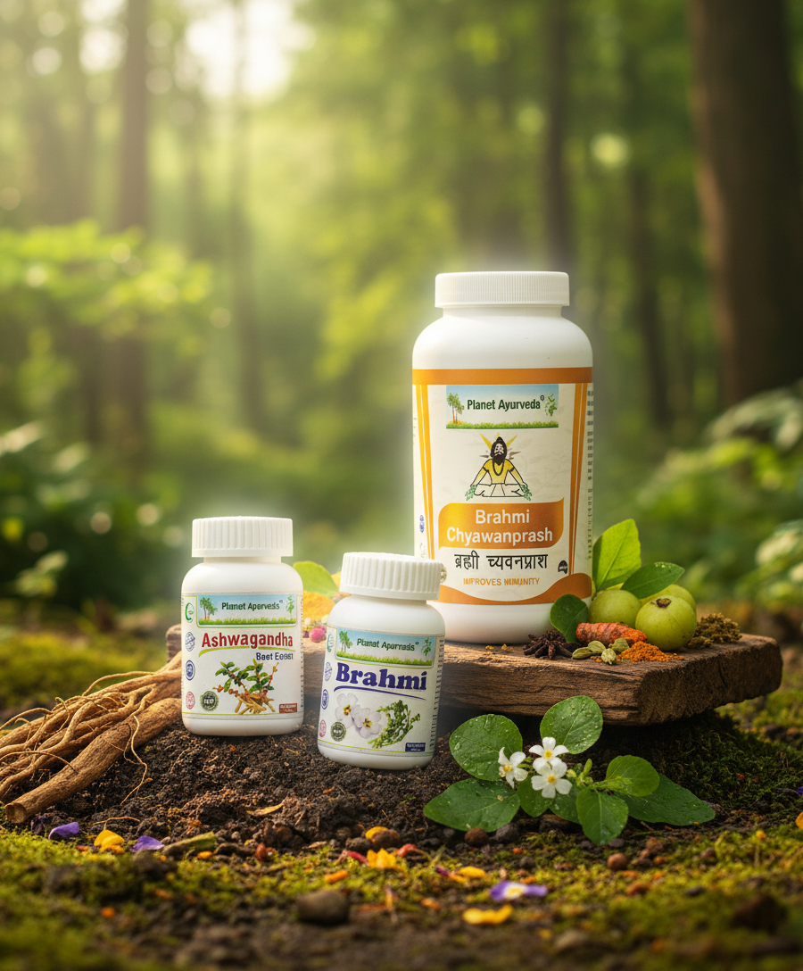 Ayurvedic herbs Ashwagandha and Brahmi, traditionally used for supportive care.