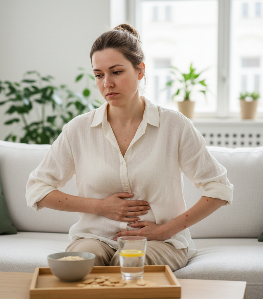 Woman experiencing stomach pain and bloating as symptoms of celiac disease and gluten intolerance.